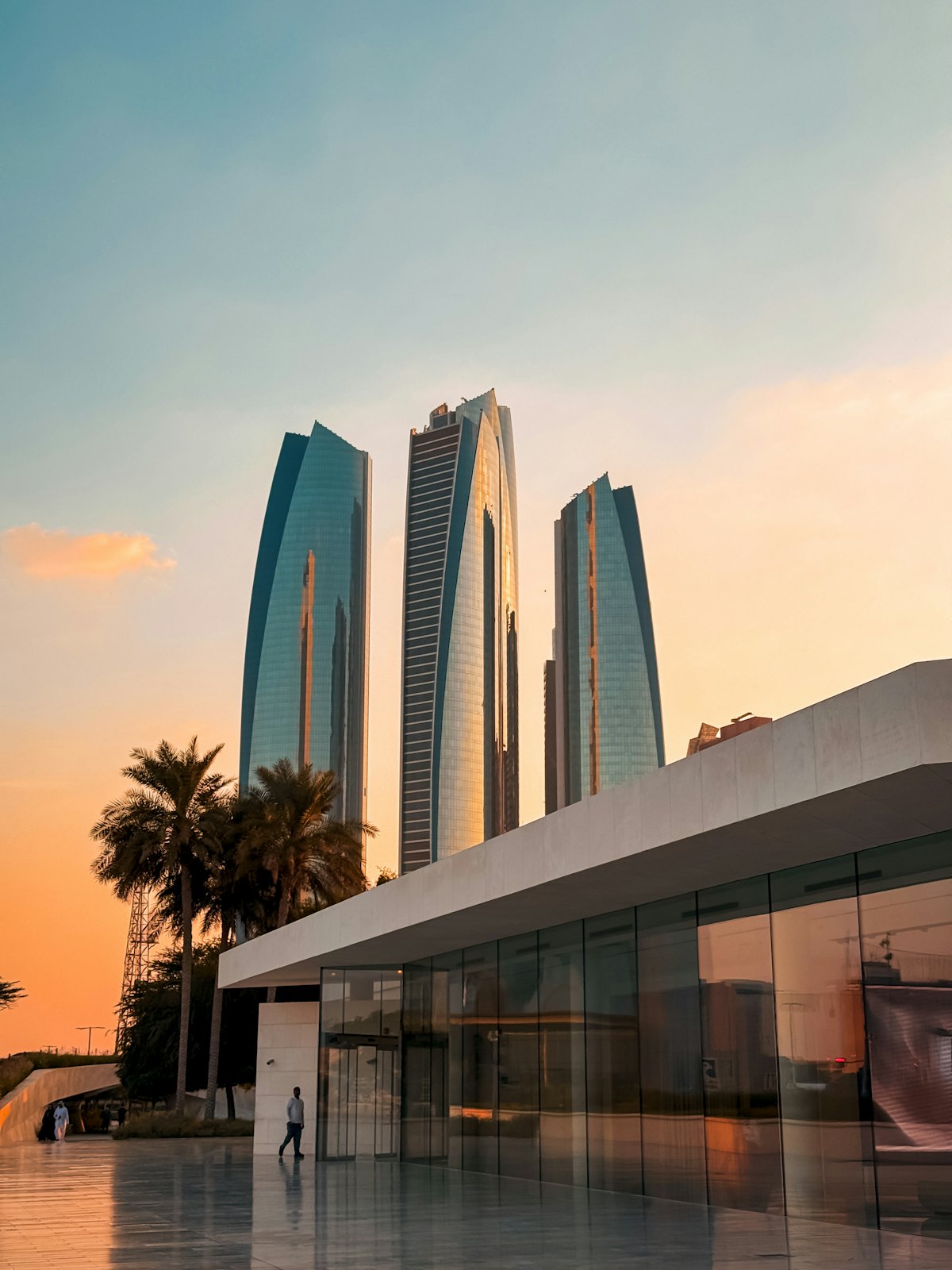 Glass towers in Abu Dhabi at sunset
