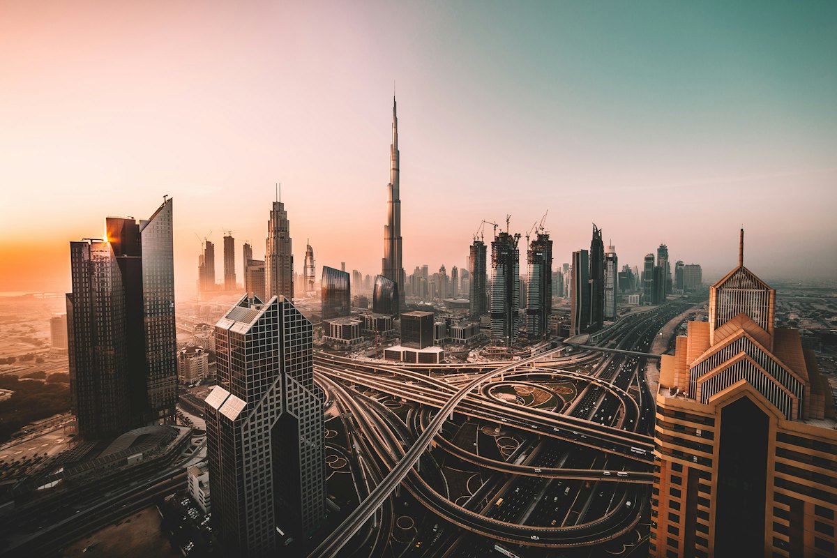 Downtown Dubai and the Burj Khalifa above Sheikh Zayed Road