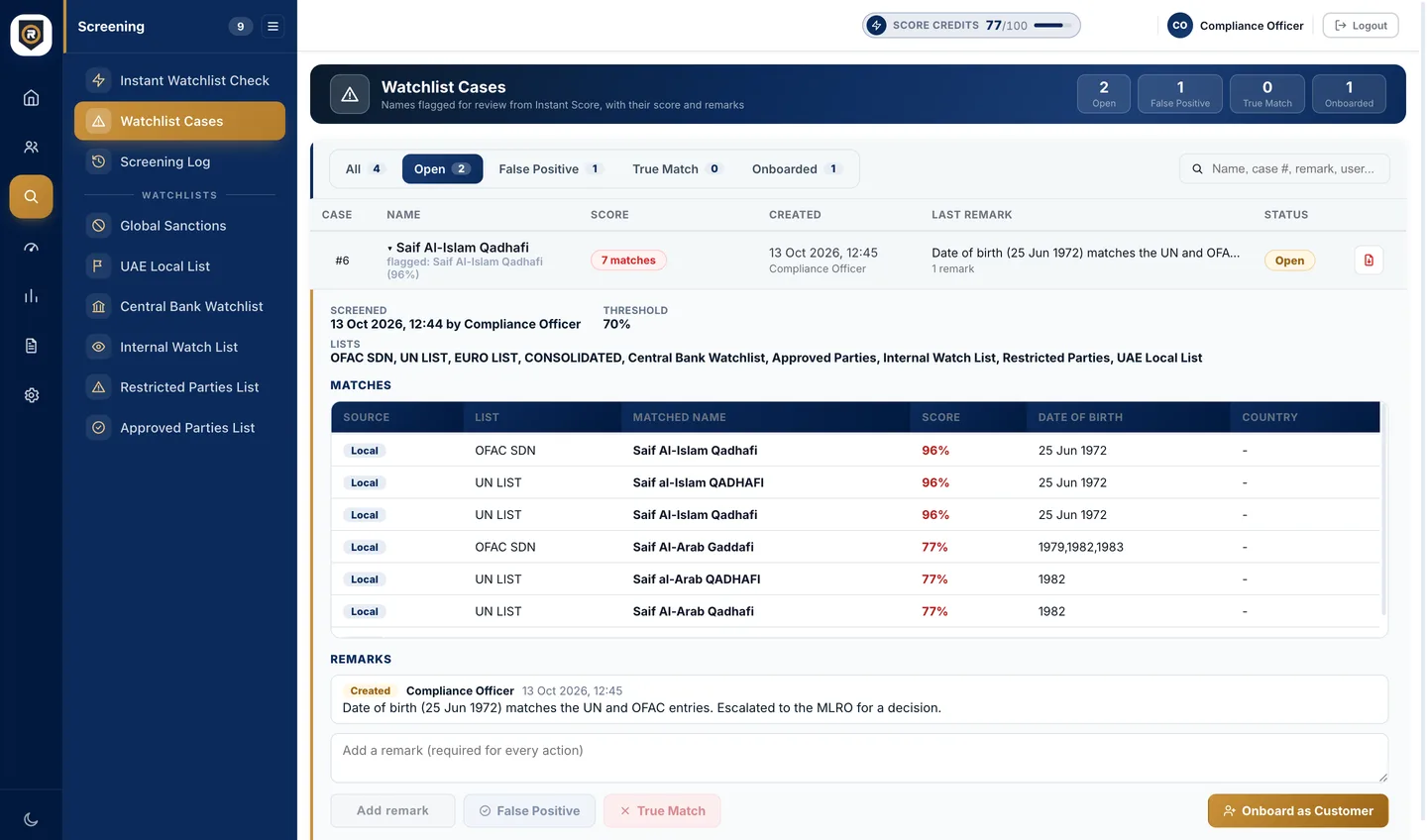 RiskLens360 watchlist case with matches from the UN and OFAC lists, a compliance officer's remark and the False Positive and True Match buttons